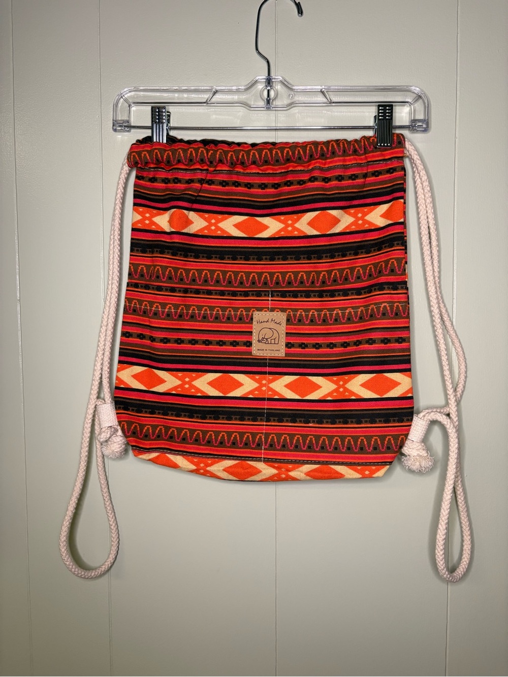Handmade Patterned Drawstring Backpack in Orange and Red